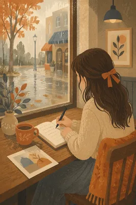 Young Woman Journaling by Coffee Shop Window