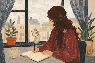 Young Woman Journaling by Coffee Shop Window