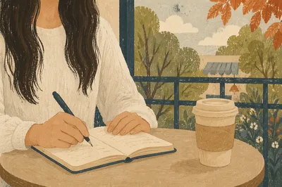 Young Woman Journaling by Coffee Shop Window