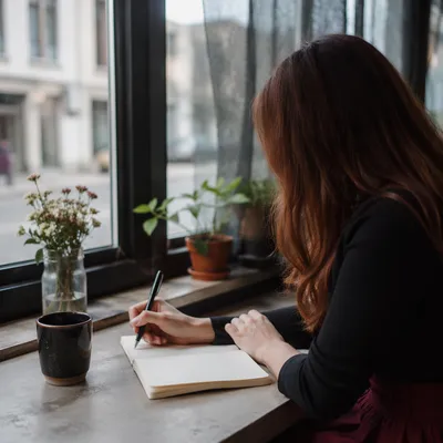 Young Woman Journaling by Coffee Shop Window