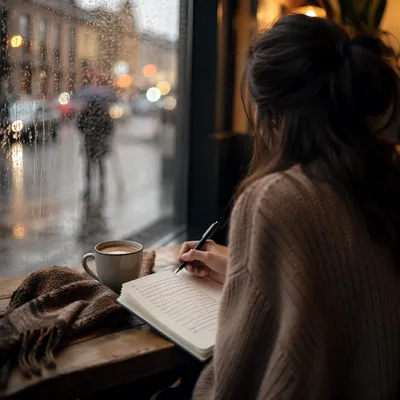 Young Woman Journaling by Rainy Cafe Window