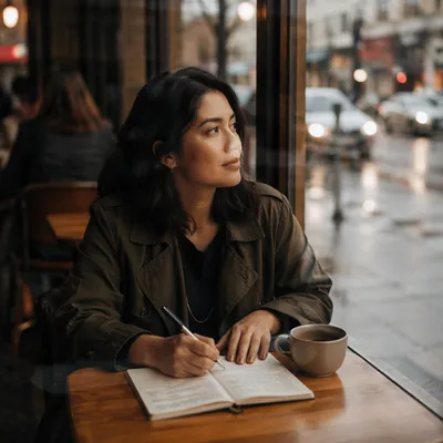 Young Woman Journaling by Coffee Shop Window