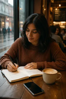 Young Woman Journaling by Coffee Shop Window
