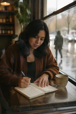 Young Woman Journaling by Coffee Shop Window