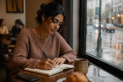Young Woman Journaling by Cafe Window