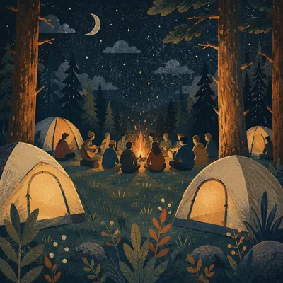 Camp Tents and Bonfire in Pine Forest