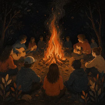 Campfire Circle with Guitars at Night