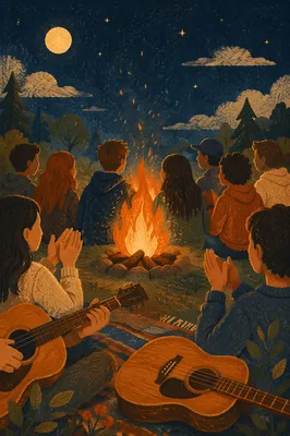 Youth Camp Bonfire with Acoustic Guitars