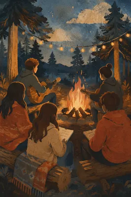 Young People Around Forest Bonfire