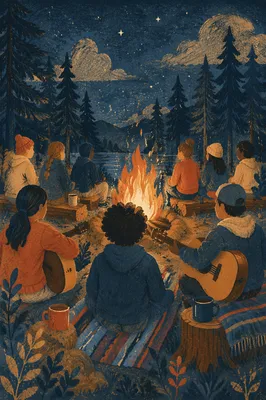 Young Campers Around Bonfire at Night