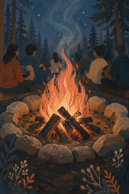 Bonfire with Guitar Silhouettes at Night