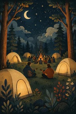 Campers Around Bonfire in Pine Forest