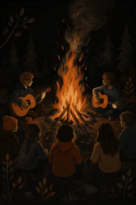 Campfire Circle with Guitars at Night