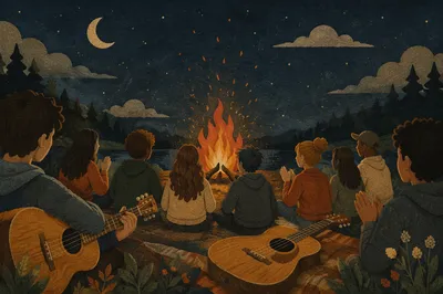 Campfire Gathering with Guitars at Night
