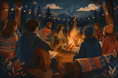 Young People Around Forest Bonfire