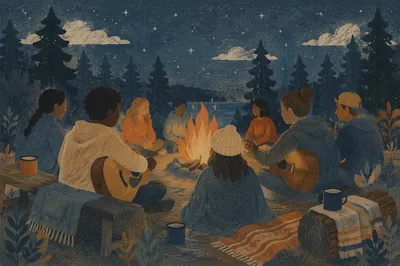 Campers Around Bonfire with Acoustic Guitars