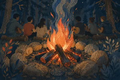 Bonfire with Guitar Players at Night