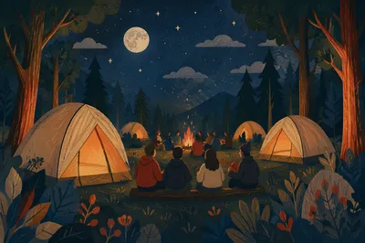 Campers Around Bonfire in Pine Forest