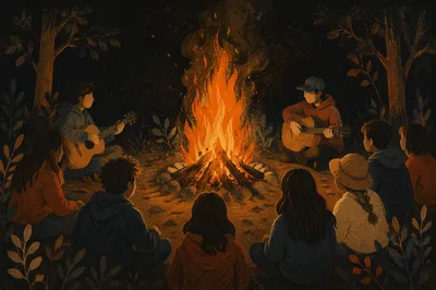 Campfire Gathering With Acoustic Guitars at Night