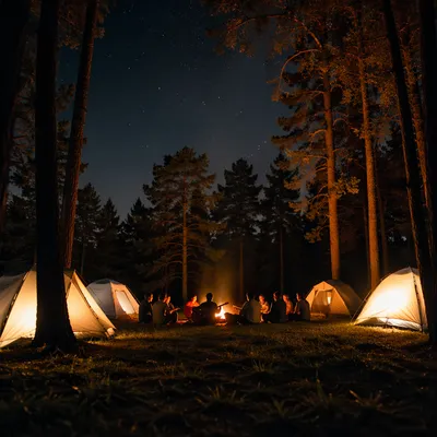 Glowing Tents and Bonfire in Pine Forest