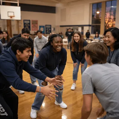 Laughing Teens Playing Game in Gym