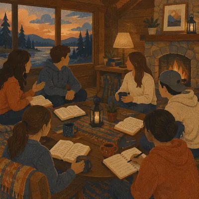 Youth Retreat Bible Discussion in Cabin