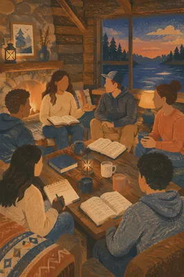Youth Retreat Bible Discussion in Cabin