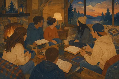 Youth Retreat Bible Discussion in Cabin