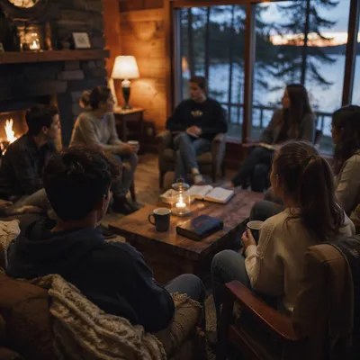Youth Retreat Cabin Bible Discussion at Dusk