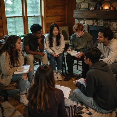 Youth Retreat Bible Discussion in Cabin