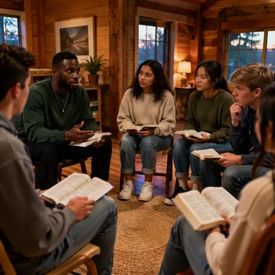 Youth Retreat Bible Discussion in Cabin