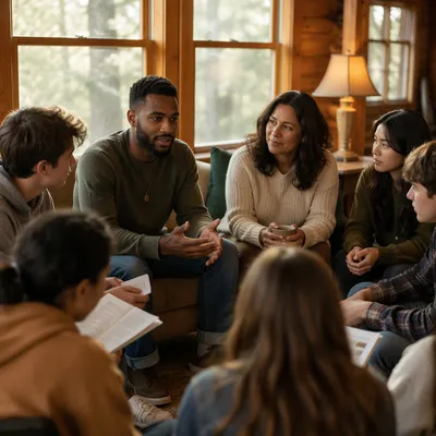 Youth Group Discussion in Rustic Cabin