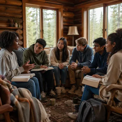 Youth Group Discussion in Wooden Cabin