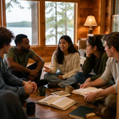 Young Adults Discussion in Rustic Cabin