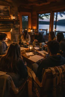 Youth Retreat Cabin Bible Discussion at Dusk