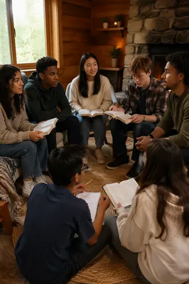 Youth Group Discussion in Rustic Cabin