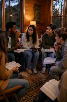 Youth Group Discussion in Rustic Cabin