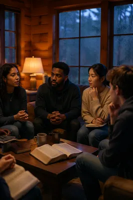 Youth Group Discussion in Rustic Cabin