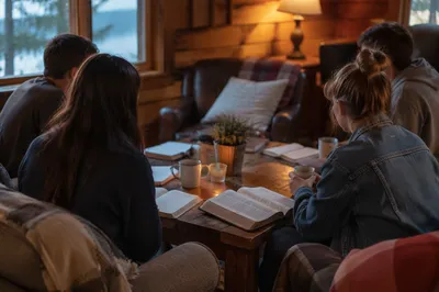 Youth Retreat Bible Discussion in Rustic Cabin