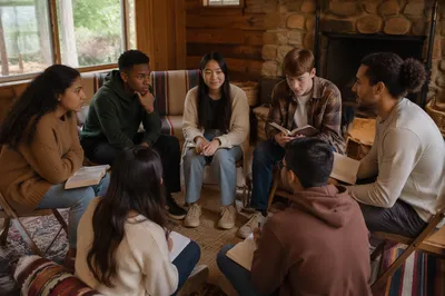 Teen Group Discussion in Rustic Cabin