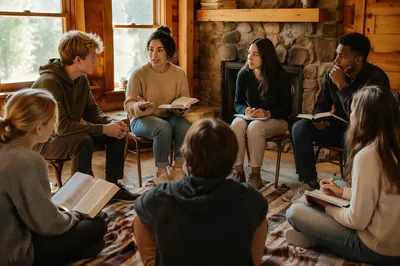 Young Group Discussion in Rustic Cabin