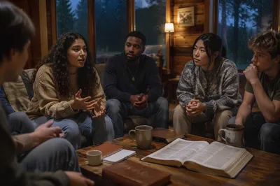 Youth Group Discussion in Rustic Cabin