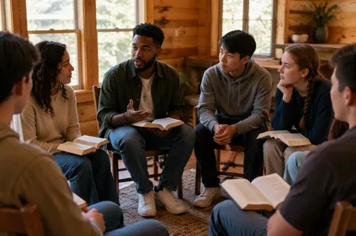 Youth Group Discussion in Rustic Cabin