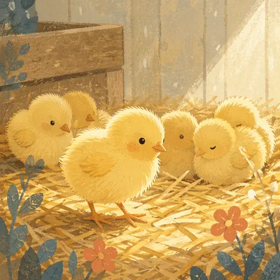 Fluffy Yellow Baby Chicks on Straw