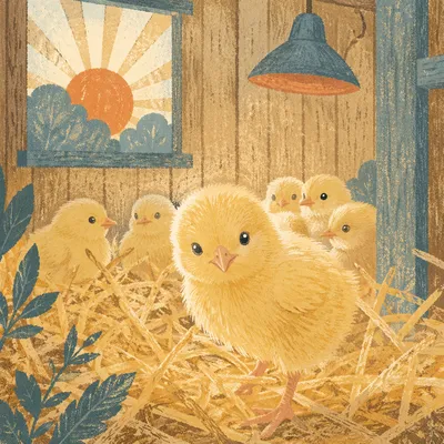Fluffy Yellow Baby Chicks in Straw