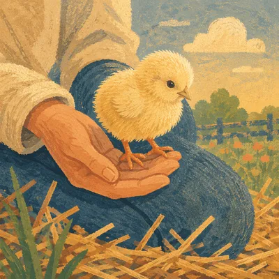 Fluffy Yellow Baby Chick on Farm Hand