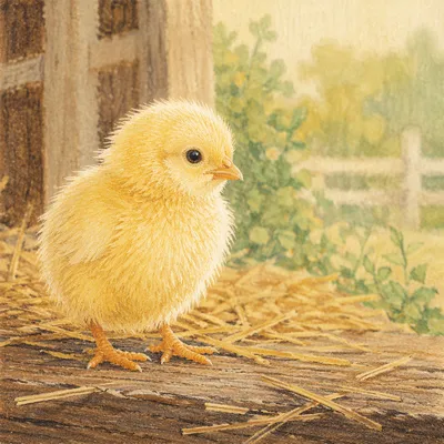 Fluffy Yellow Baby Chick on Farm Straw