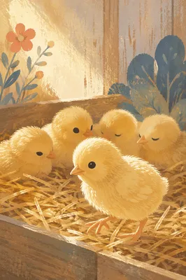 Fluffy Yellow Baby Chicks on Straw