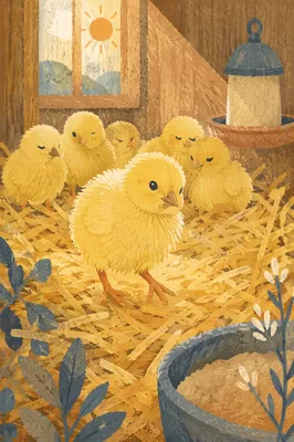 Fluffy Yellow Baby Chicks in Straw