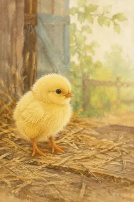 Fluffy Yellow Baby Chick on Farm Straw